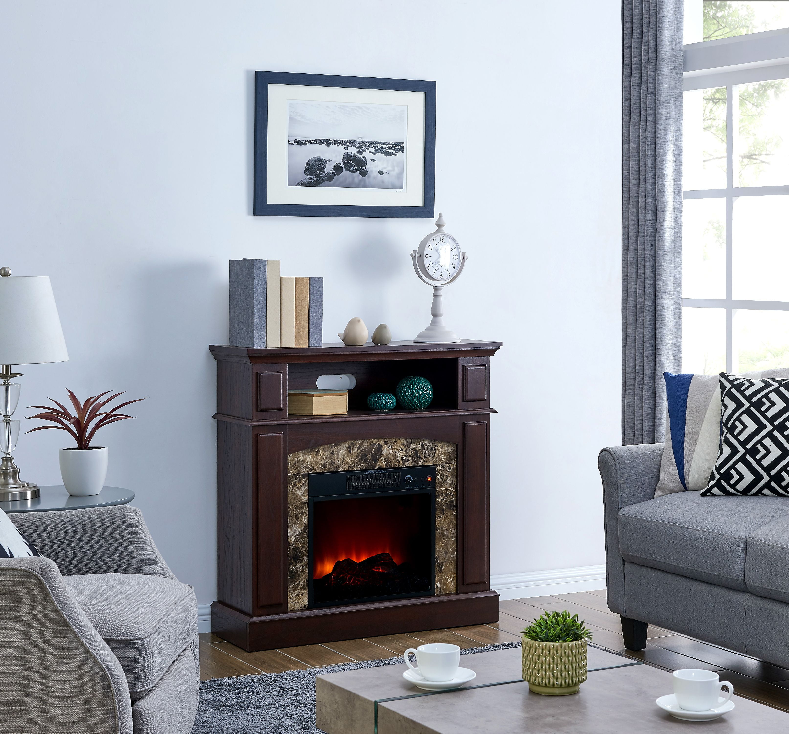 Bold Flame 36 Inch Faux Marble Electric Fireplace In Walnut