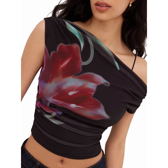 Women's Summer Floral Going Out Tank Tops Off Shoulder Slim Fit Y2K Crop Mesh Top Vacation Outfits Black XS