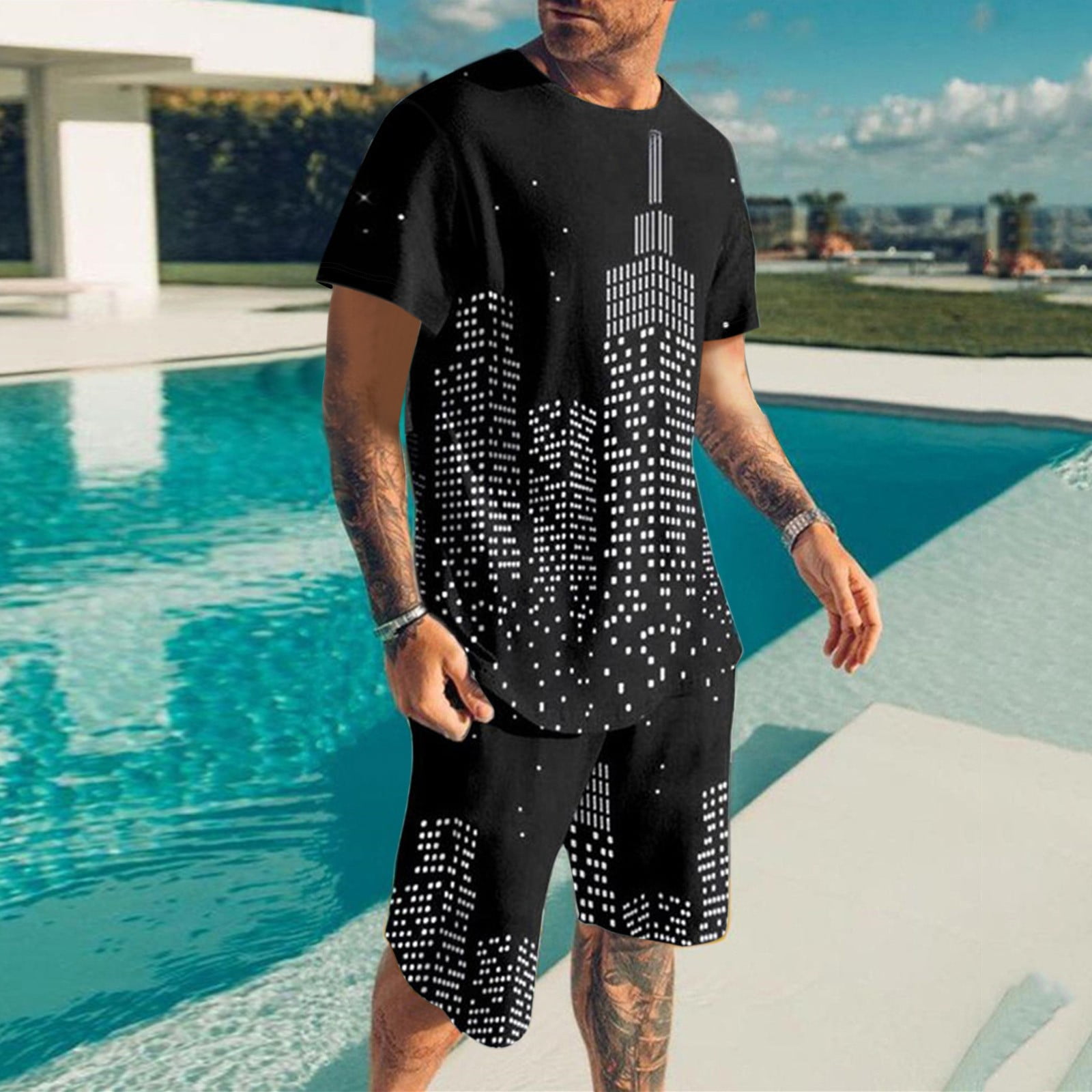 Ketyyh chn99 Sweat Suits Men Summer Swim Jogging Fashion Sweatsuit Men s T Shirt and Shorts Set Sports Mesh Tracksuit Outfits Black 2XL