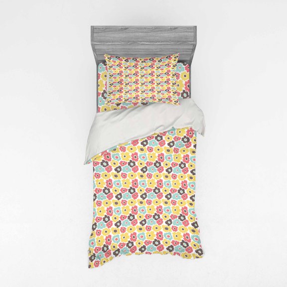 Flower Duvet Cover Set, Cartoon Hand Drawn Simple Floral Cheery Spring Pattern, Bedding Set with Shams and Fitted Sheet, 3 Sizes, by Ambesonne