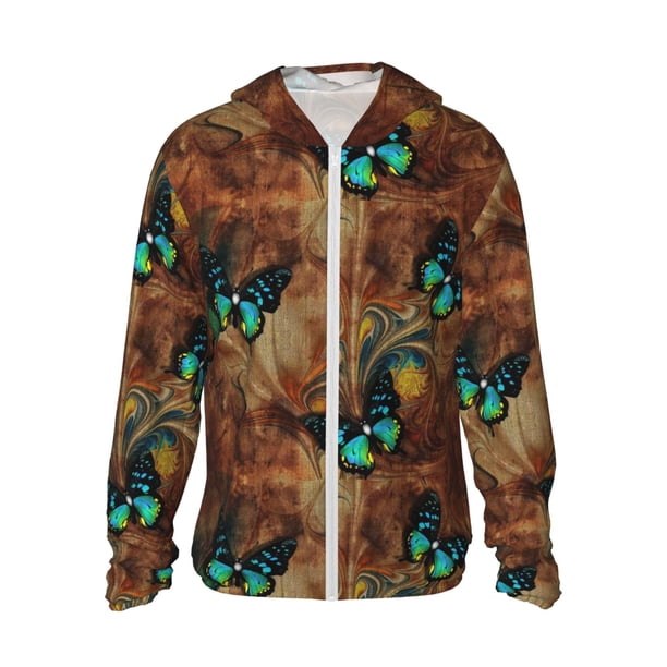 Fotbe Vintage Butterfly Green Chaqueta con Protección Solar UPF 50+ para Hombre y Mujer, Camisa con Capucha y Bolsillos-XX-Large