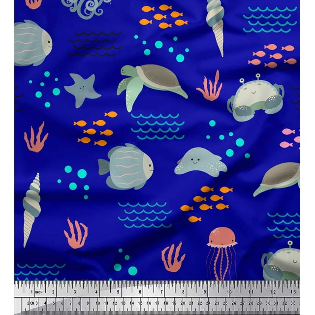 Soimoi Blue polyester Crepe Fabric Crab & Tortoise Ocean Printed Fabric 1 Yard 52 Inch Wide