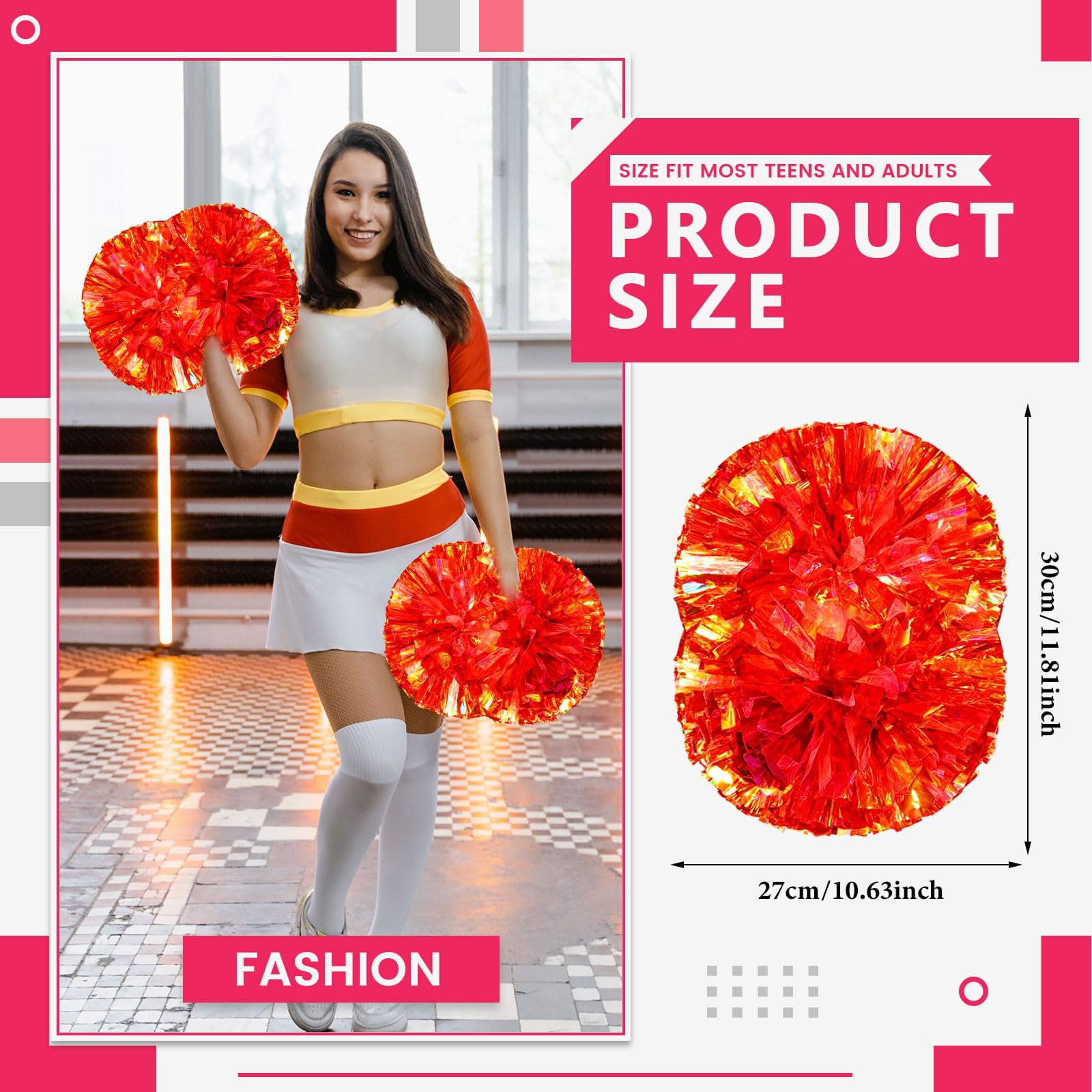Cheerleading Pom Poms 12 Pcs with Handle Style, Handheld Squad Pompoms for Sports Team Cheer Spirit Games Dance Party Adults