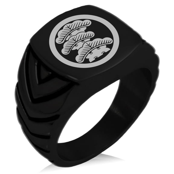 Stainless Steel Three-Tiered Pine Kamon Crest Chevron Pattern Biker Style Polished Ring