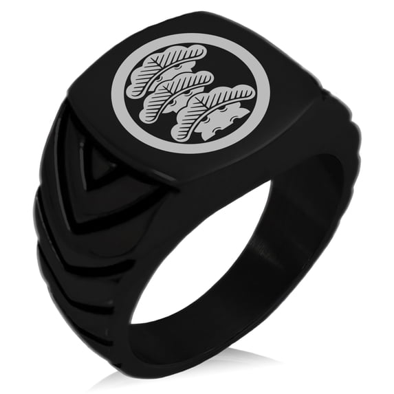 Stainless Steel Three-Tiered Pine Kamon Crest Chevron Pattern Biker Style Polished Ring