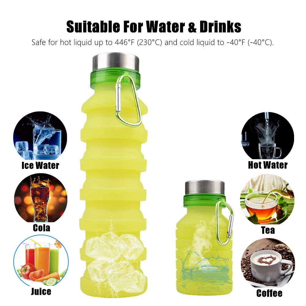 CNKOO Collapsible Water Bottle, Reuseable BPA Free Silicone Foldable Water Bottles for Travel Gym Camping Hiking, Portable Leak Proof Sports Water Bottle with Carabiner, 18oz Green