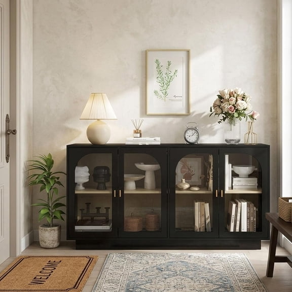 LFGUIZO 59" Black Modern Accent Cabinet - Four-Door Acrylic Wooden Storage Cabinet, Living Room, Entrance Passage, Dining Room, Foyer
