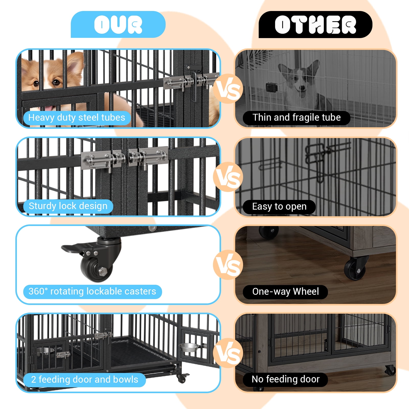 Heavy Duty Dog Crate with Wheels - 42" Steel Cage for Medium & Large Dogs