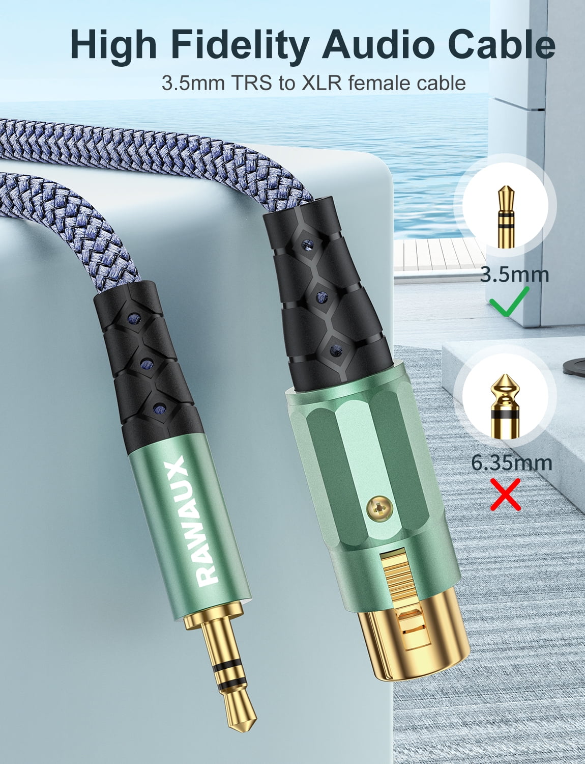 RAWAUX XLR Female to 3.5mm TRS Cable, Unbalanced 3 Pin XLR to 1/8 Inch Cord (10ft/3m)