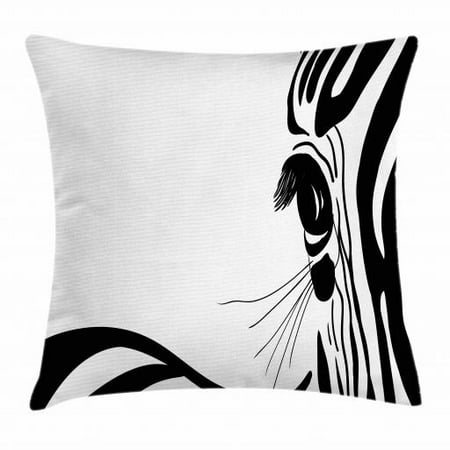 American Zebra Line - Wildlife Throw Pillow Cushion Cover, Artistic Sketch Detail of Zebra Eye Curved Lines Stripes Camouflage Pattern, Decorative Square Accent Pillow Case, 16 X 16 Inches, Black and White, by Ambesonne