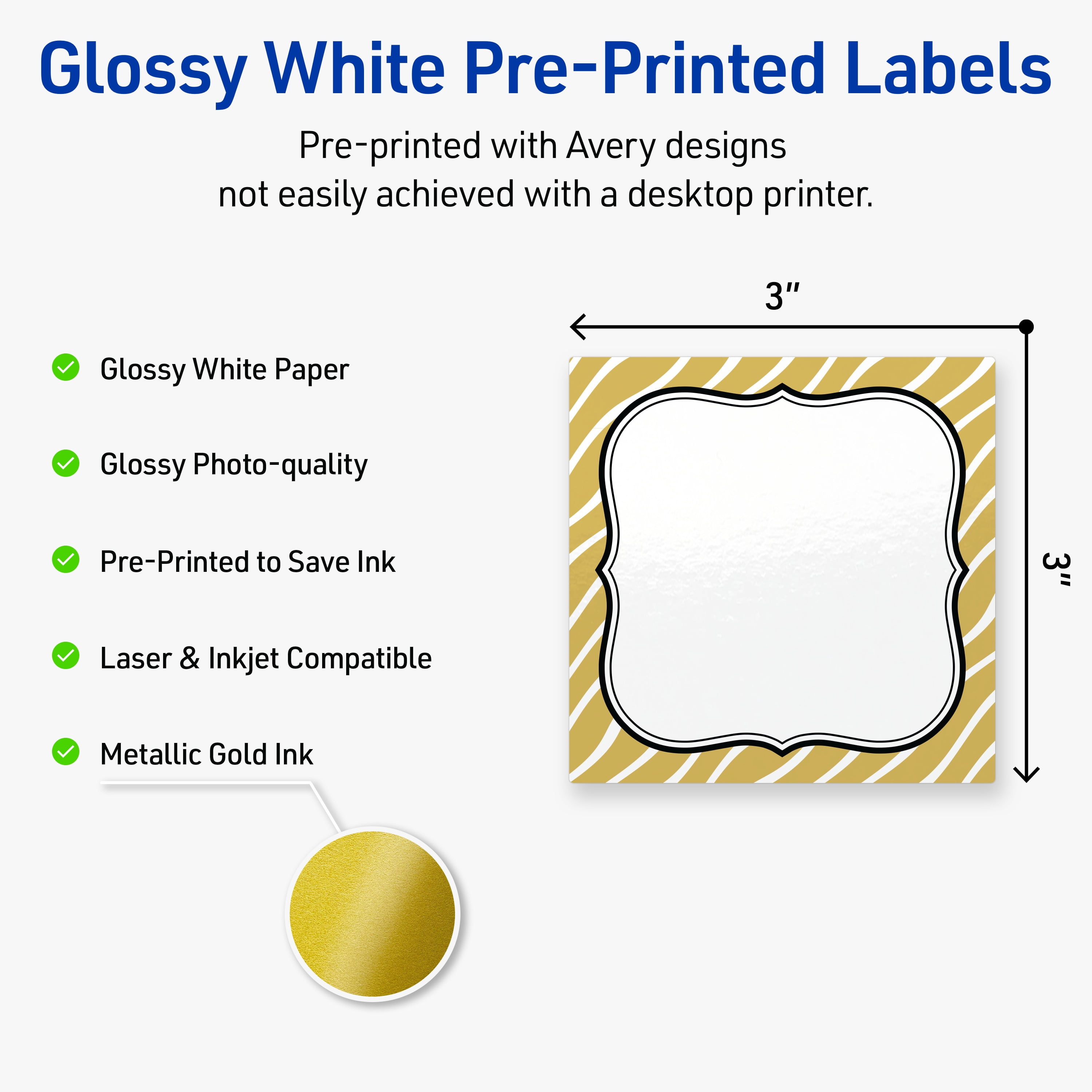 Avery Square Labels, 3" x 3", Gold Zebra Pattern Design, Glossy