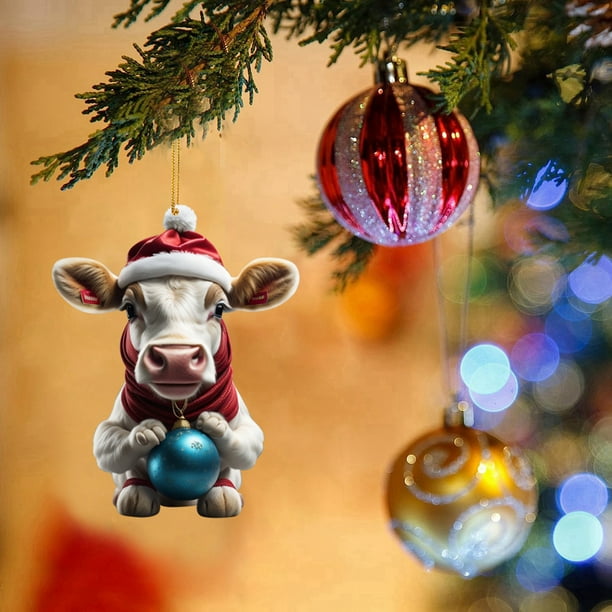 Adorno navideño de cerdito | Colgante plano de acrílico para coche | Decoración navideña para el hogar | Amuleto colgante de animal festivo | 1 pieza