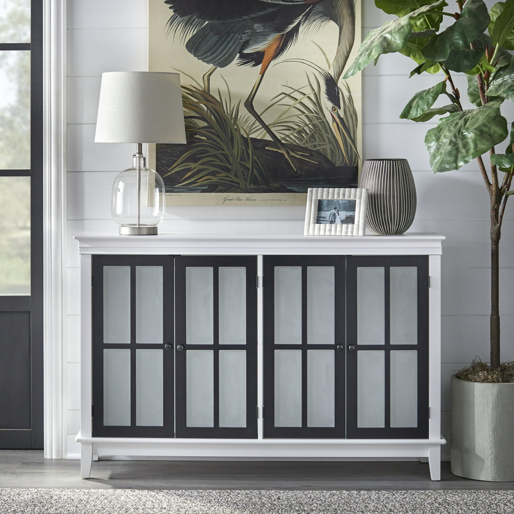 TMS Hampshire 52" Modern Two-Tone Sideboard with Tempered Glass Doors and Two Ajustable Shelves, White/Black