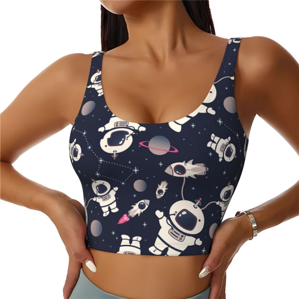 Fotbe Cartoon Spaceship Sujetador Deportivo Largo sin Aros para Mujer con Almohadillas y Soporte Medio, Transpirable y Absorbente, Camiseta Tipo Chaleco o Tank Top-X-Large