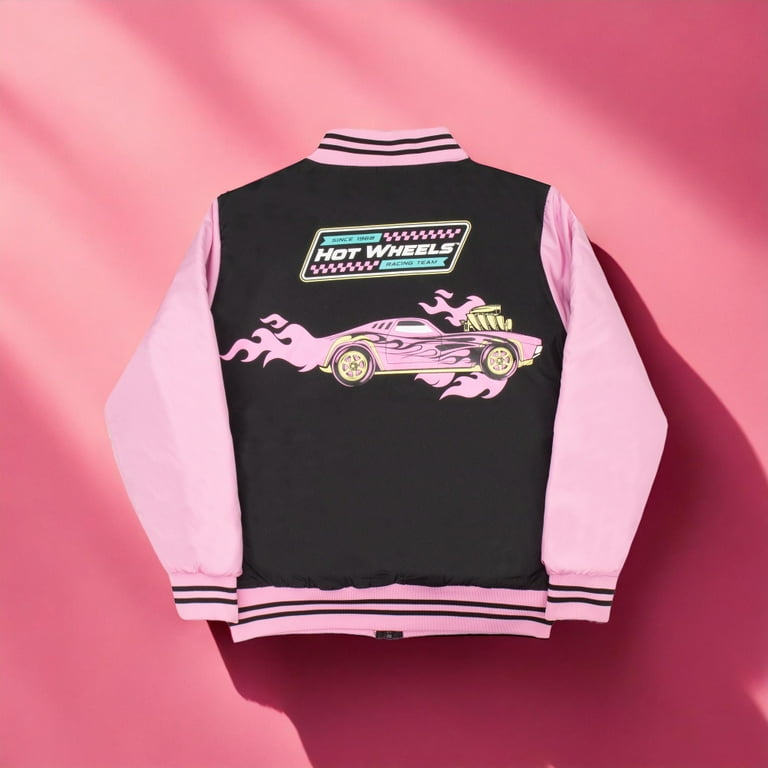 Hot Wheels Girls Bomber Jacket with Race Car Graphic Design Zip Up