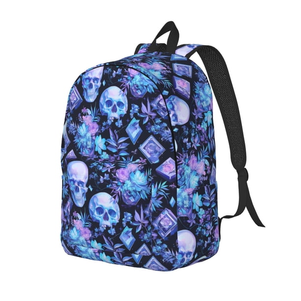 Disketp Skull blue crystal flower Mochila de Lona Estampada, Mochila Escolar de Viaje Ligera para Estudiantes y Portátil-Small