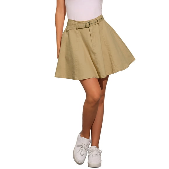 FALDA DE DENIM MINI A-LINE DE CINTURA ALTA PARA MUJERES CHIC DE VERANO CON CINTURÓN XL CAQUI