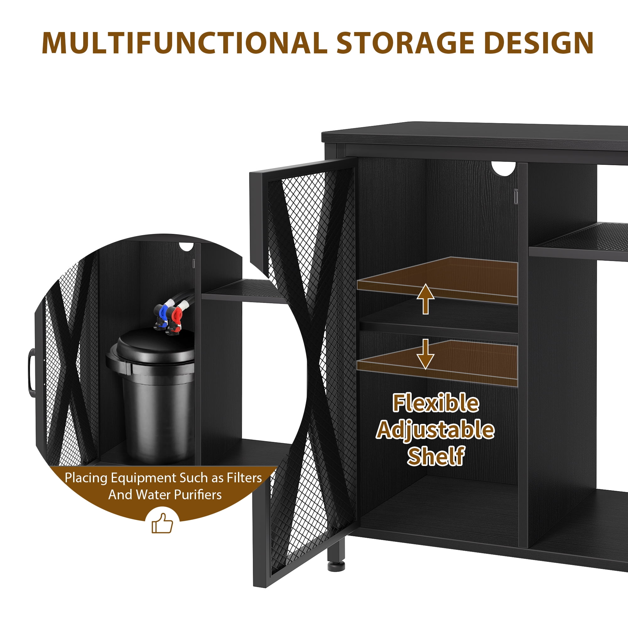 Dextrus Aquarium Stand with Power Outlets & LED Light and Cabinet for 20-29 Gallon Fish Tank Stand, Turtle Tank, Reptile Terrarium - Black