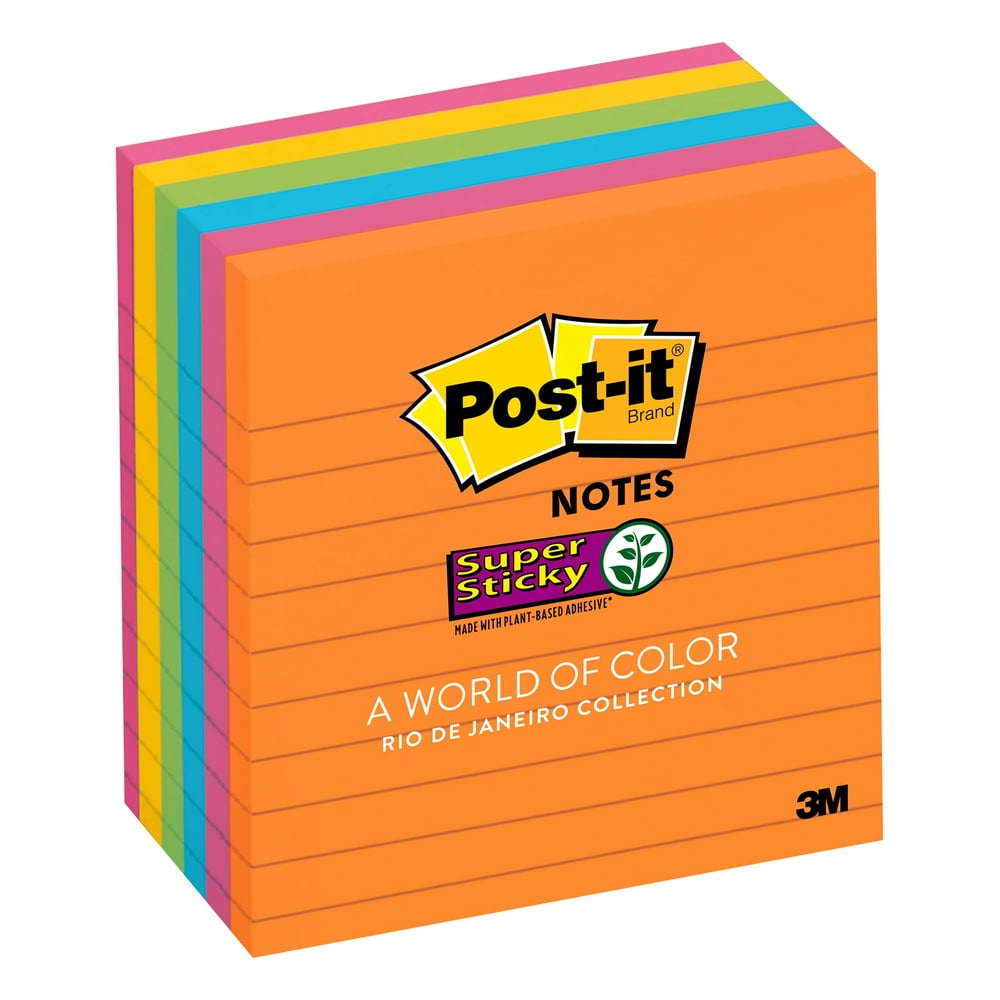 Postit Super Sticky Lined Notes, 4" x 4", Brights, 6 Pads