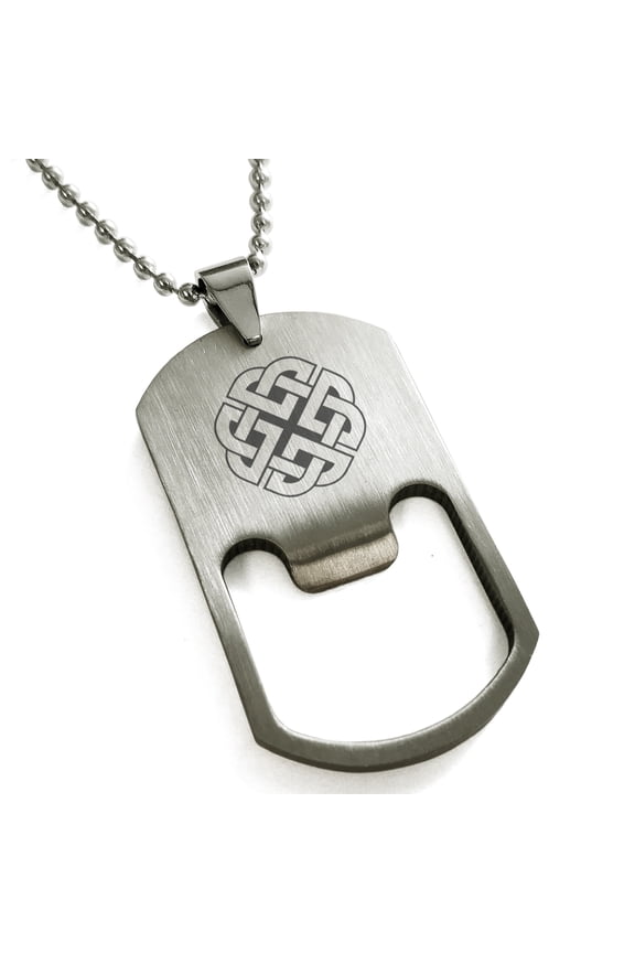 Stainless Steel Celtic Quaternary Knot Rune Engraved Bottle Opener Dog Tag Pendant Necklace