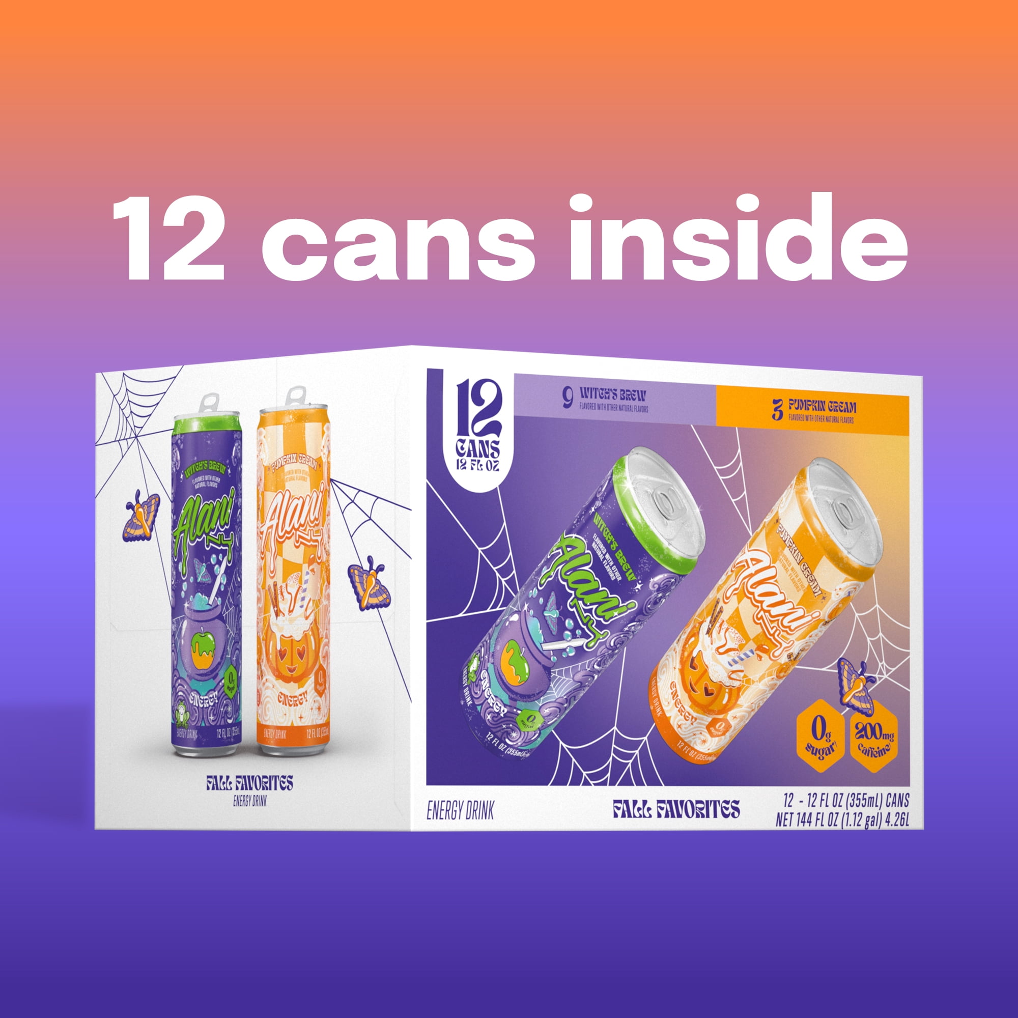 Alani Nu Sugar Free Energy Drink, Variety Pack, Witch's Brew, Pumpkin Cream, 12 fl oz, 12 Pack, Cans, 200mg Caffeine