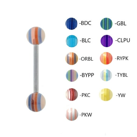 - Lex & Lu Steel Straight Tongue Barbell w/Acrylic Striped Balls 14G 5/8
