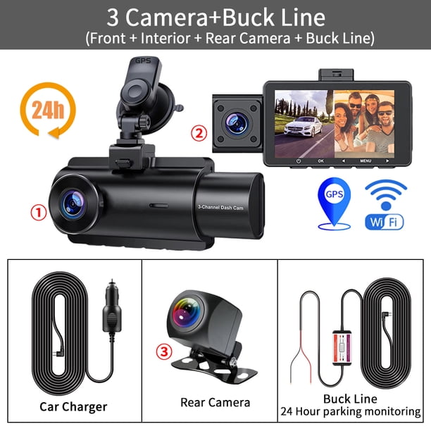 Cámara de salpicadero de 3 canales para coche, videocámara frontal, interior y trasero de tres vías, 2K + 1080P, doble canal con GPS, WiFi, IR, visión nocturna