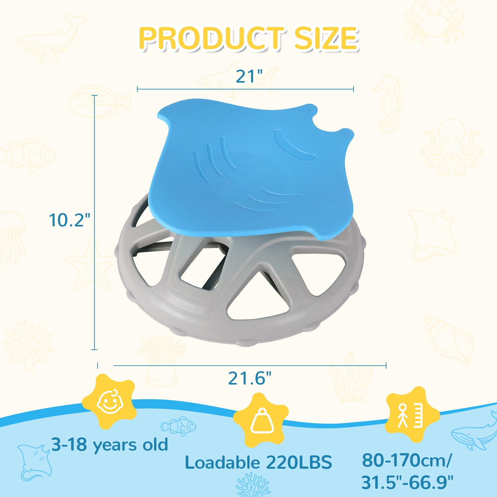 TLSUNNY Sensory Swivel Chair, Fish-Shaped Spinning Chair for Autistic Kids & ADHD, Training Body Coordination, Upgraded Base & Safety Handle, Sit and Spin Toy for Kids