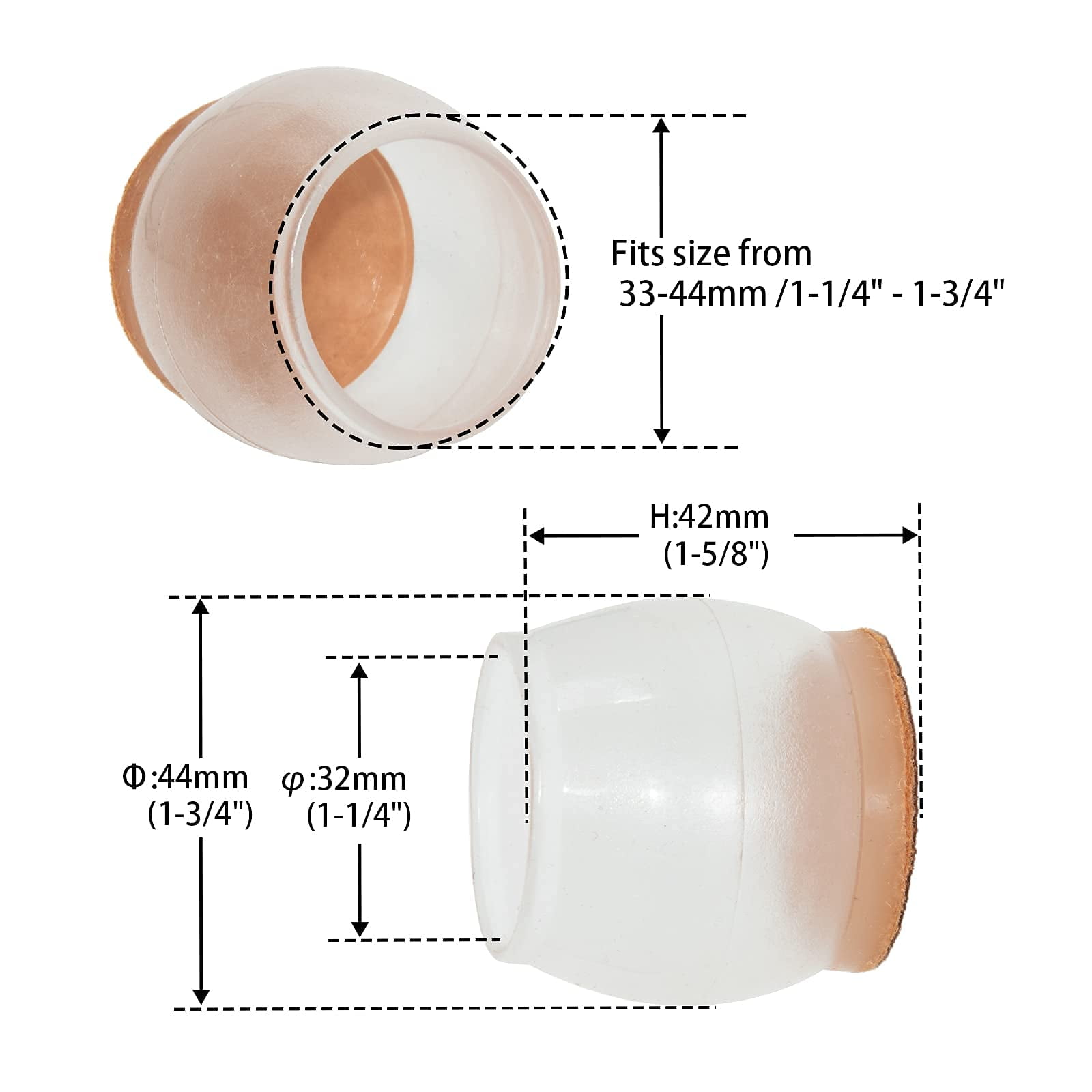 Flyshop 4pcs TPR Rubber Chair Leg Caps for Hardwood Floor, Round Chair Leg Floor Protectors with Felt Pads, Transparent, Large Size 33 to 44 mm, 1-1/4" to 1-3/4"