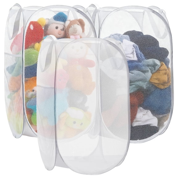 GARITIN Pop Up Mesh Laundry Hamper 3 Pack, Collapsible Portable Foldable Space Saving Clothes Storage Basket, Breathable Dirty Laundry Bin for Dorm Bedroom Bathroom Travel, White