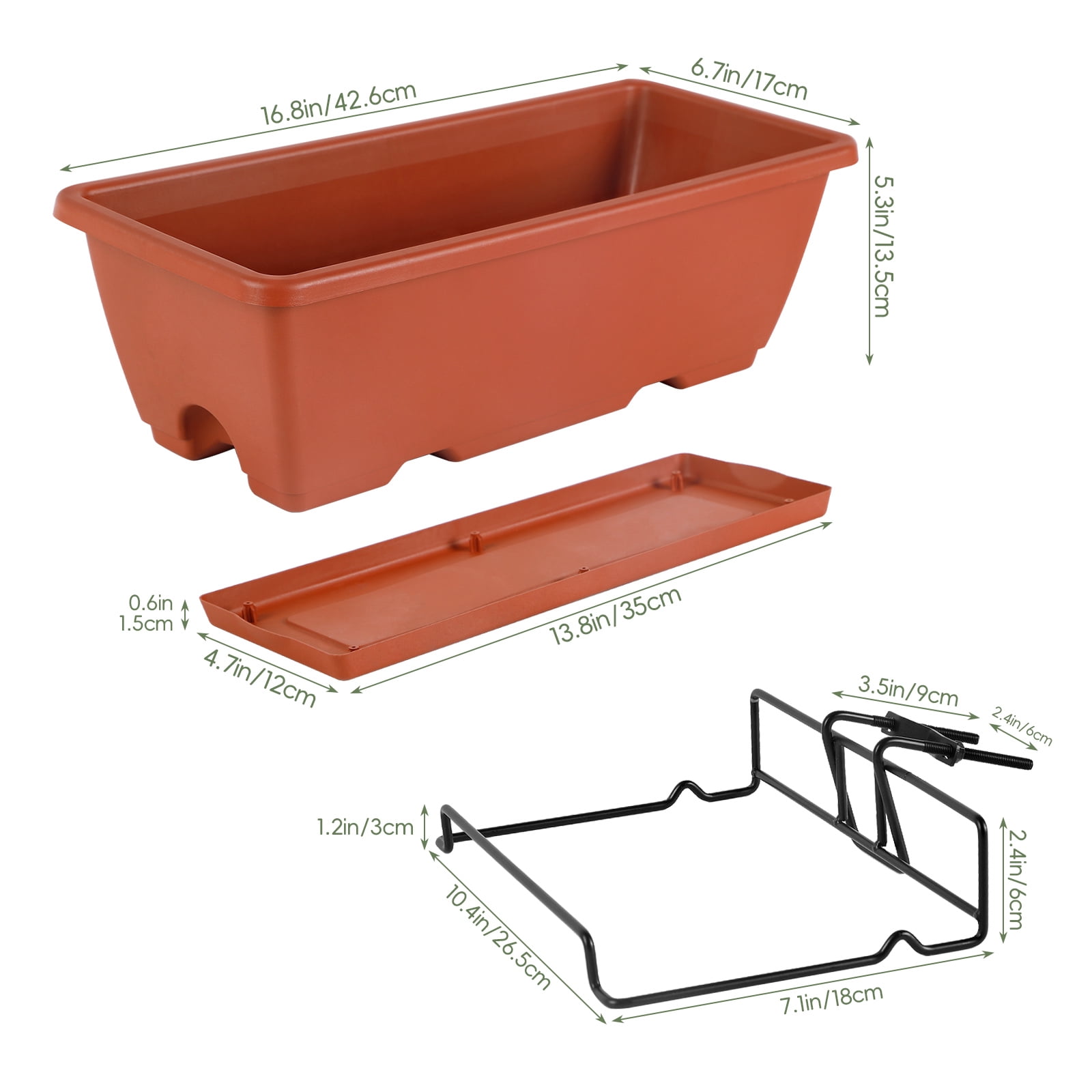 Railing Planter Boxes, Deck Rail Planter for Outdoor Plants, Hanging Railing Window Boxes Planter with Drainage Tray, Window Flower Pots with Brackets, for Over Rail Porch Fence, Balcony & Home Decor