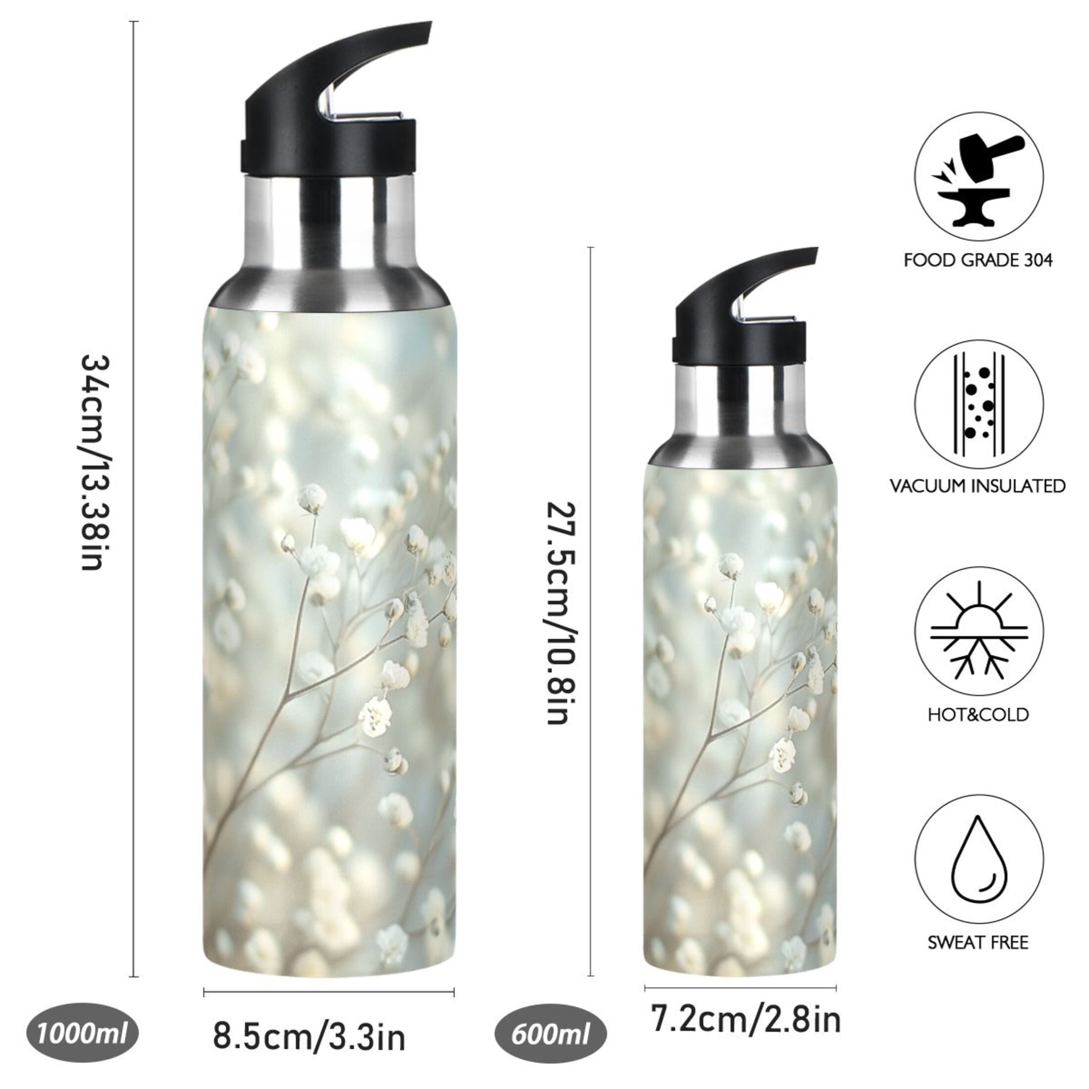 Beautiful Babysbreath Sports Bottle with Straw Stainless Steel Water Jug Portable Thermal Cup Leak-proof 600ML