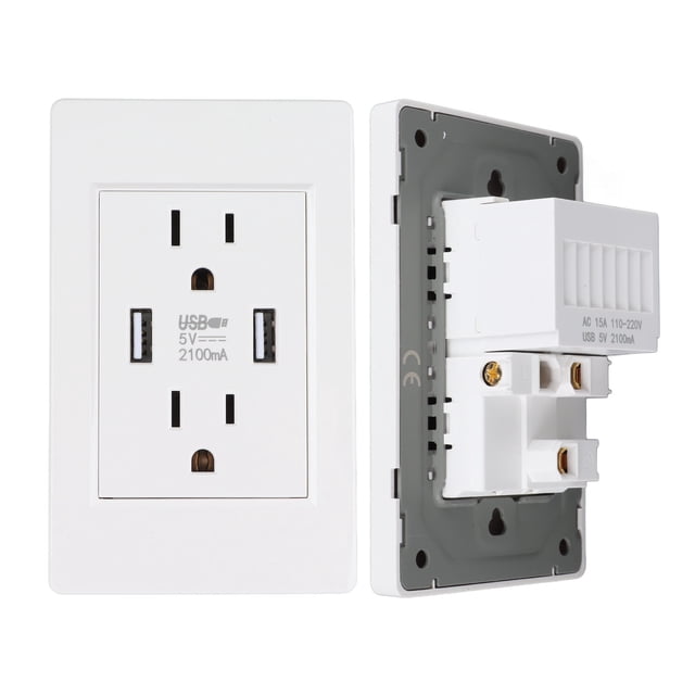 USB Charger Wall Outlet, Plastic 2 USB Port USB Wall Outlets for Home