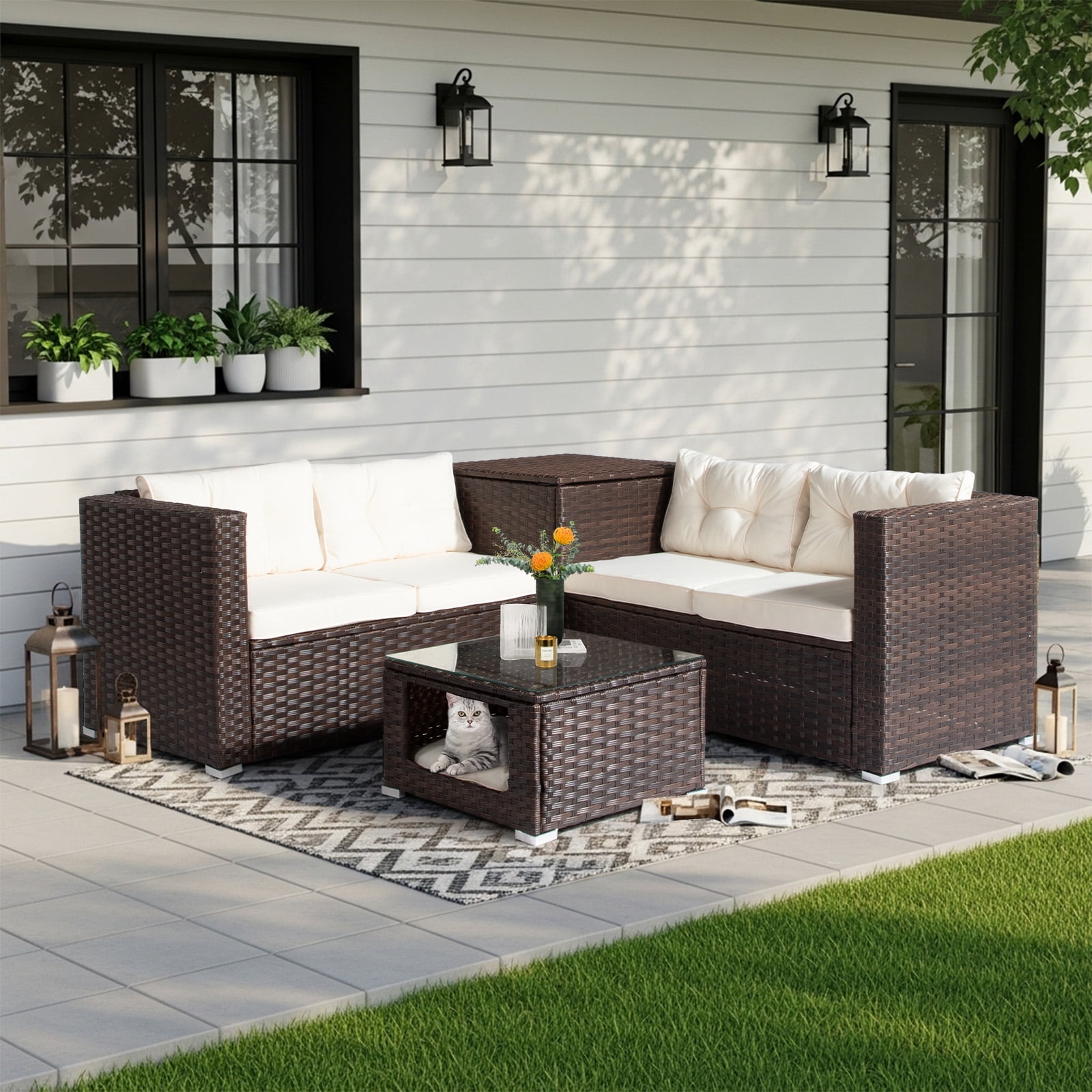 Ktaxon 4 Pieces Modular Patio Sectional with Storage Box & Pet Table, All-Weather PE Wicker, Brown Frame Peacock off-white Cushions