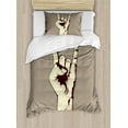 thumbnail image 1 of Rock Music Duvet Cover Set Twin Size, Devil Sign Vintage Symbol Illustration Hand Gesture Abstract Musical Elements, Decorative 2 Piece Bedding Set with 1 Pillow Sham, Taupe Ivory, by Ambesonne, 1 of 3