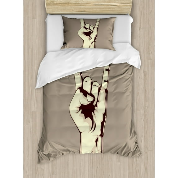 Rock Music Duvet Cover Set Twin Size, Devil Sign Vintage Symbol Illustration Hand Gesture Abstract Musical Elements, Decorative 2 Piece Bedding Set with 1 Pillow Sham, Taupe Ivory, by Ambesonne