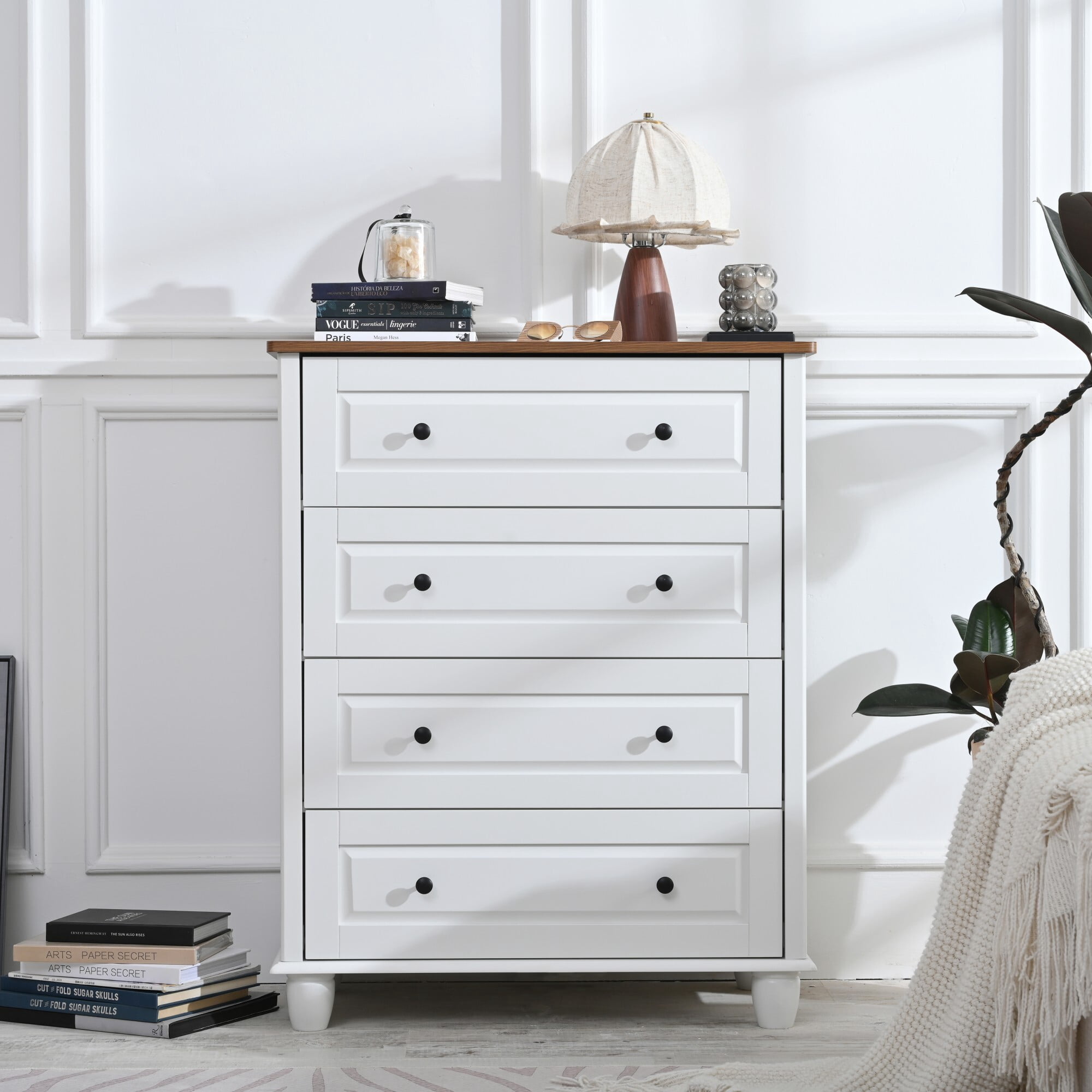 AENKYO 4-Drawer Dresser with Walnut Top, Drawer Chest for Bedroom, Living Room, Ivory White