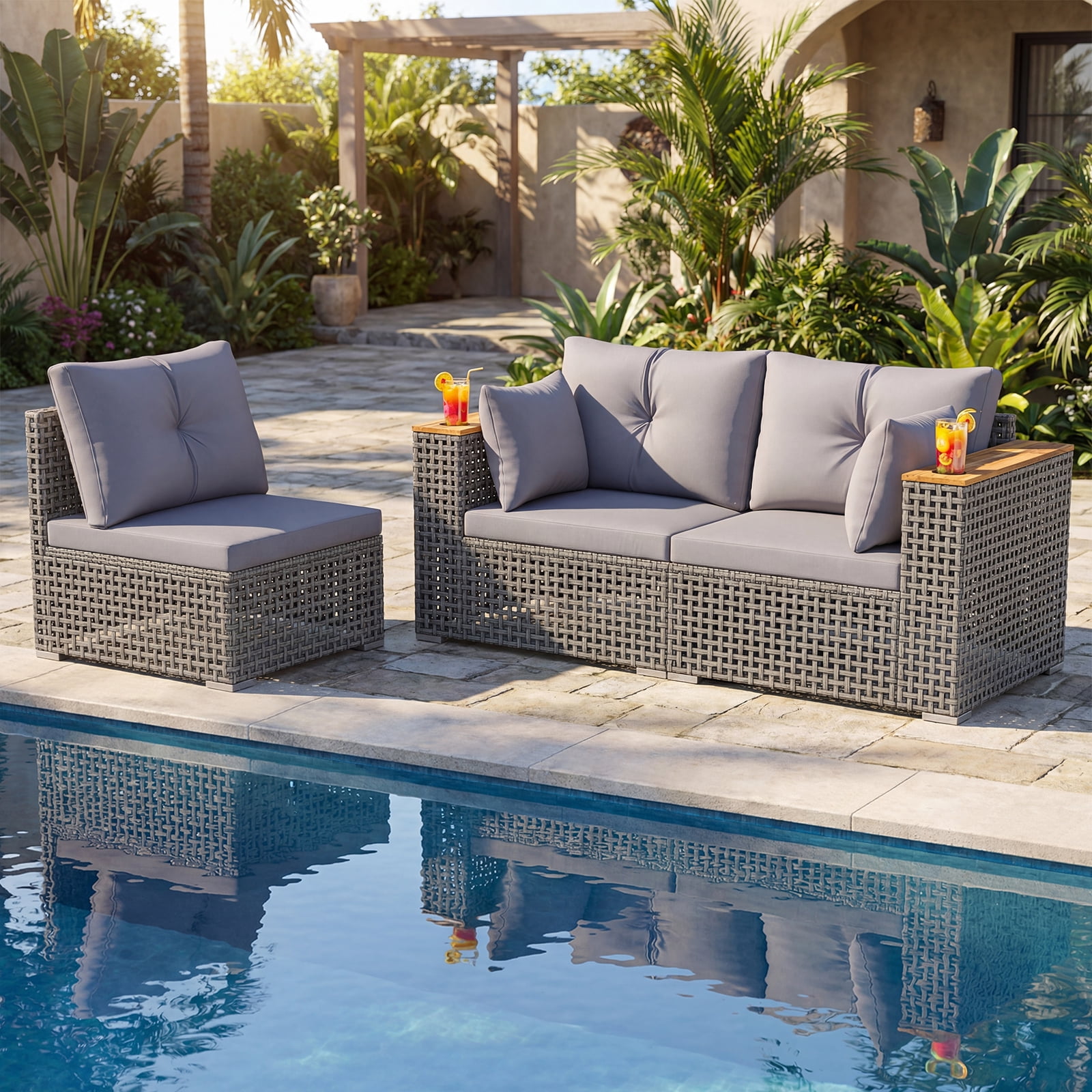 Costway Patio Wicker Sectional Furniture Set, 3 Piece Outdoor Couch Set for Garden Gray