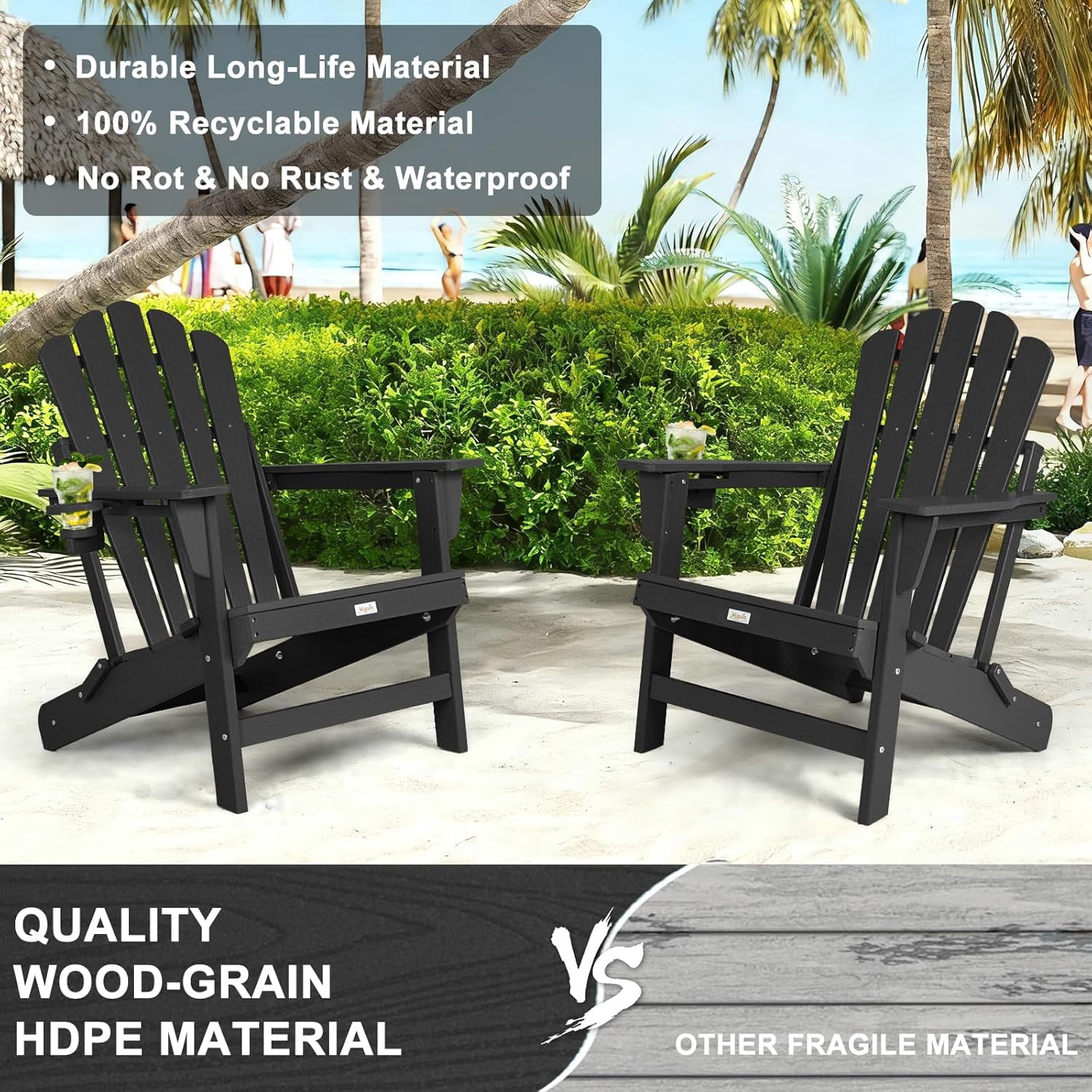 Folding Adirondack Chair, All Weather Wood Texture Fire Pit Chairs with Cupholder for Outside