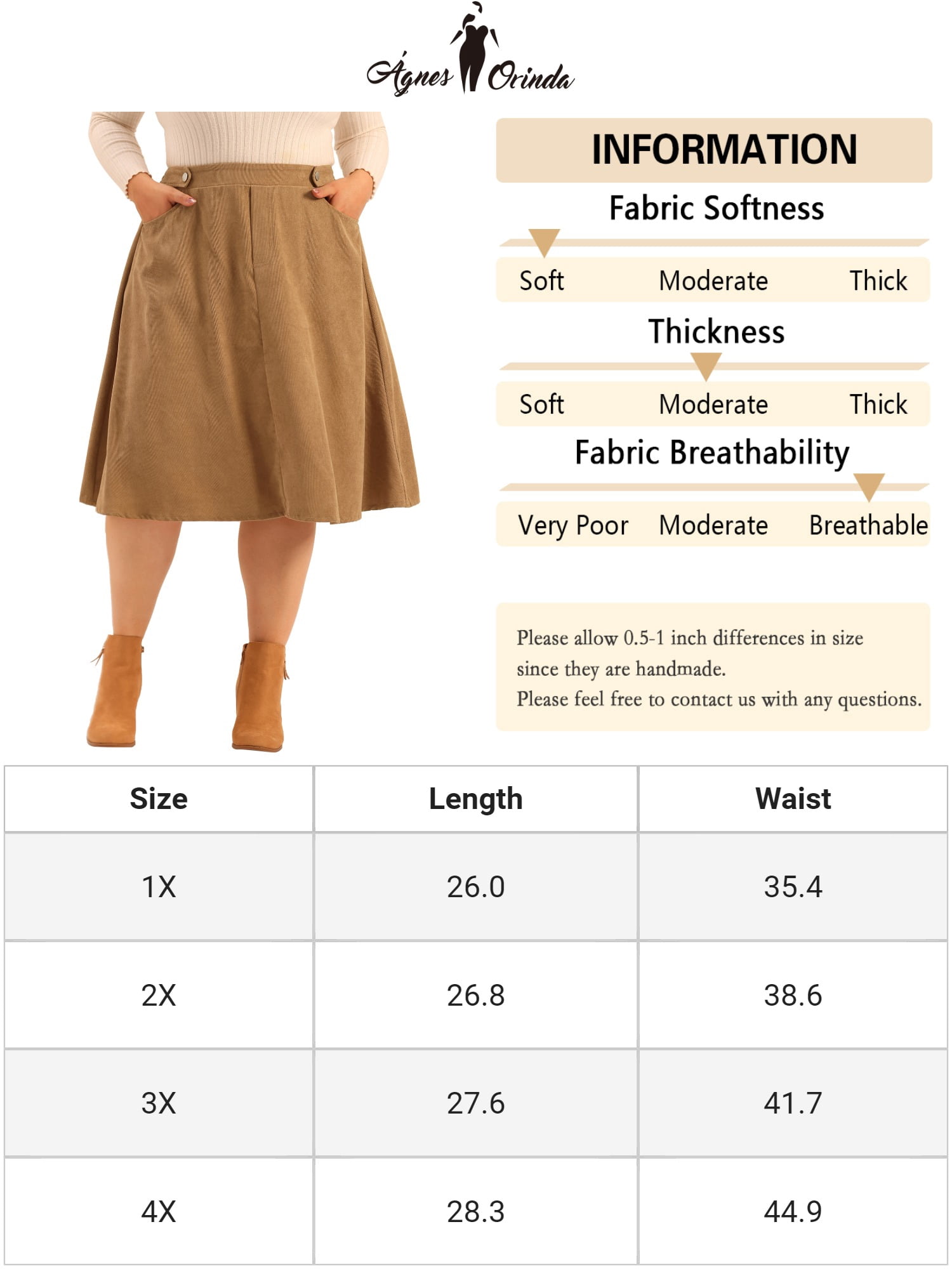 DARING DIVA Women's Plus Size Corduroy Elastic High A Line Midi Skirts 1X Khaki