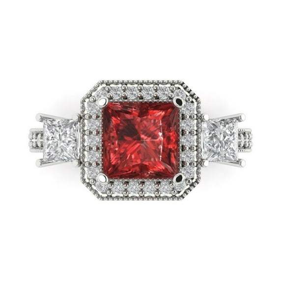 3.005 ct Princess Cut Natural Garnet 3 Stone 14K White Gold Womens Engagement Ring