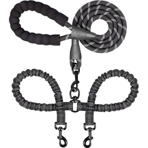 Dinosam Double Dog Leash, No-Tangle Black