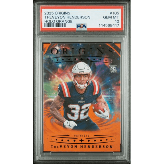 Graded 2025 Panini Origins TreVeyon Henderson #105 Holo Orange /249 Rookie RC Football Card PSA 10 Gem Mint