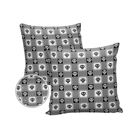 Pack of 2 Outdoor Pillow Covers, Halloween Grey White Plaid Skeleton Waterproof Square Throw Pillowcase Cushion Decorative Pillow Covers for Couch Patio Tent, 18x18 in