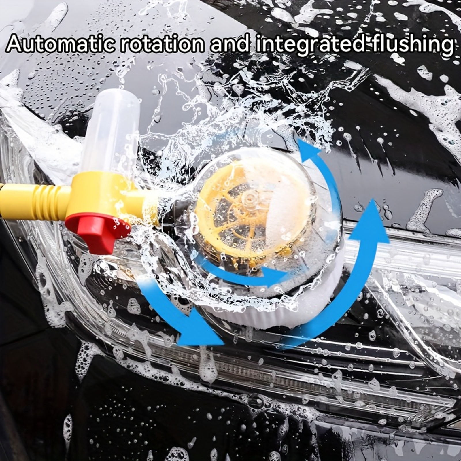 Auto Rotate Car Wash Brush with Soap Dispenser, Soft Microfiber Spinning Brush for Exterior Car Cleaning, Water Powered No-Scratch Bristles, Hose Attachment and Long Handle (47 inches)
