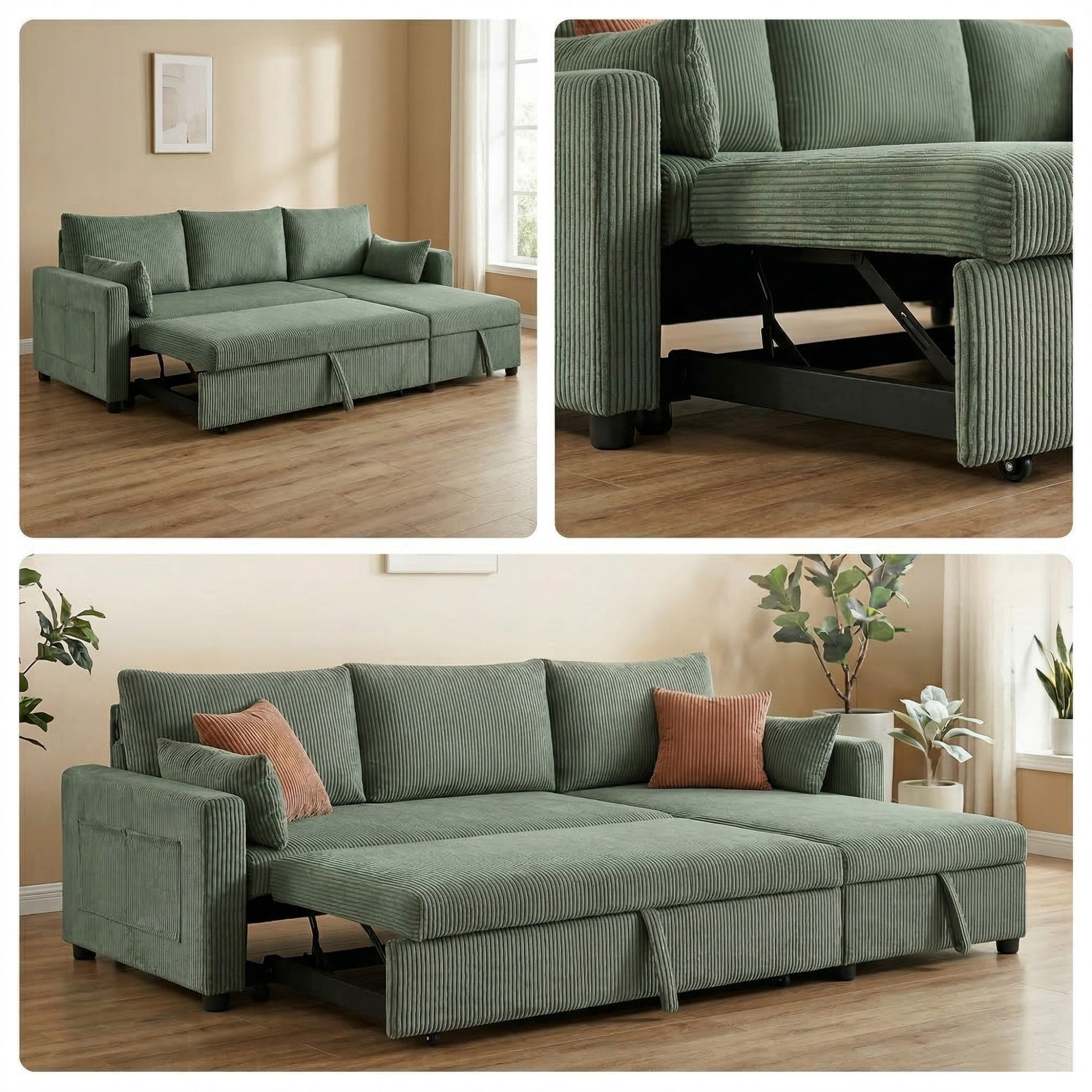 BSHTI L-Shaped Pull-Out Sleeper Sofa Bed with Storage Chaise, 3-Seater Convertible Corduroy Sectional Couch, Solid Wood & Iron Frame, Olive Drab