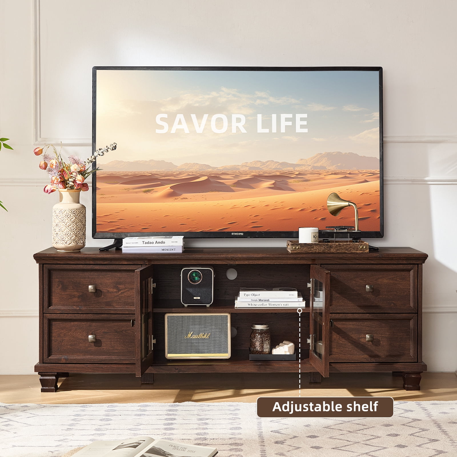 Buildhom Farmhouse TV Stand with Storage, 4-Drawer Rustic Brown Entertainment Center for Living Room, Walnut