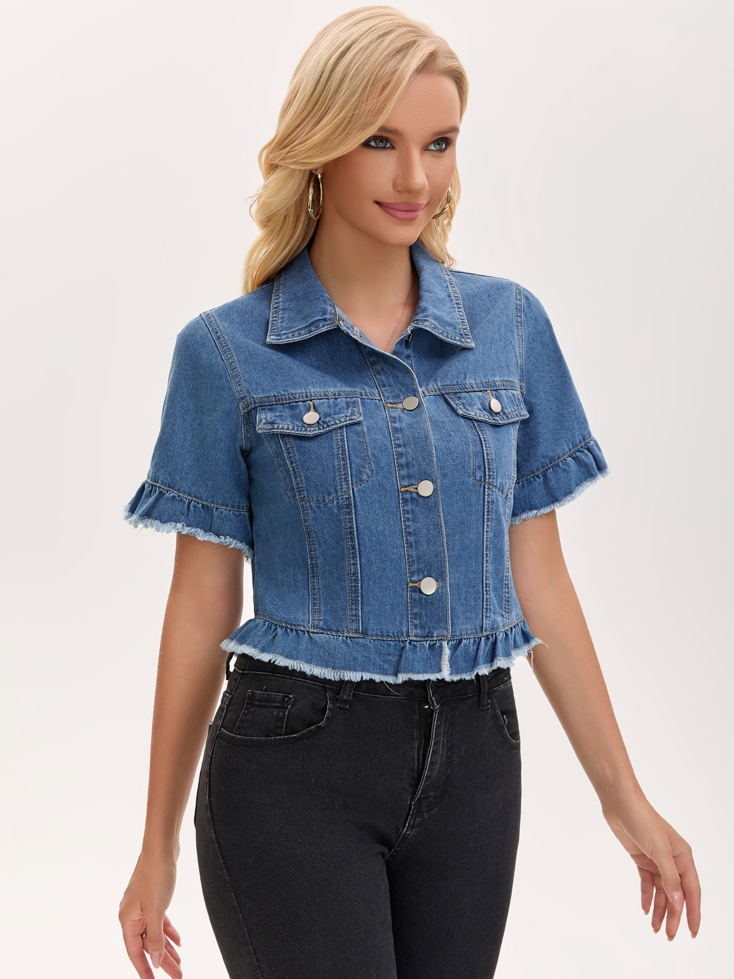 DARING DIVA Women's Short Sleeve Button Down Lightweight Ruffle Jean Jacket L Blue