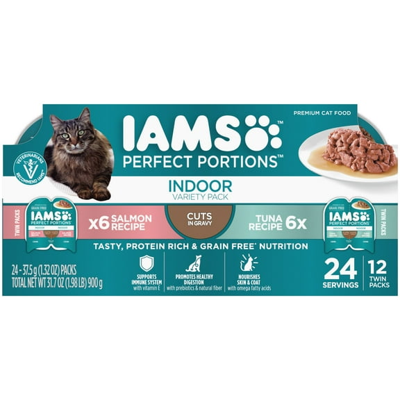 Iams Perfect Portions Indoor Grain Free Wet Cat Food Cuts In Gravy Tuna Recipe, Salmon Recipe Variety Pack, (12) 2.6 Oz Twin-Pack Trays