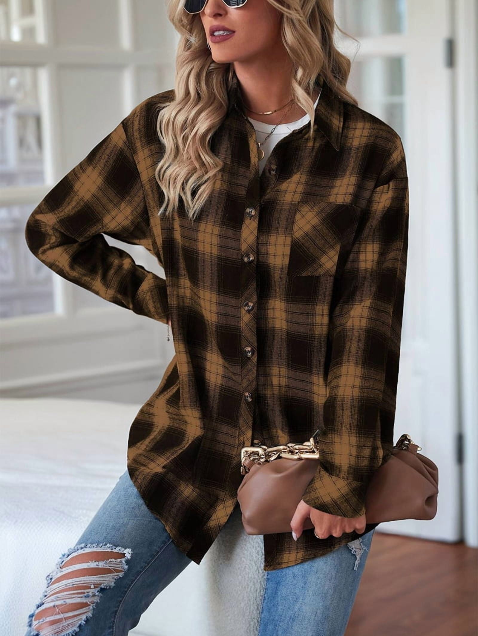 Womens Button Down Flannel Shirts Long Sleeve Plaid Shackets Business Casual Blouse Top Khaki L